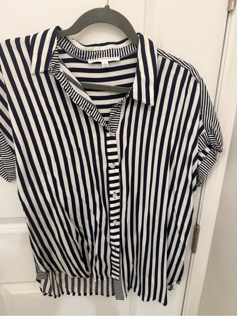 Jane and Delancey Navy & White Vertical Stripe Button-Down Top